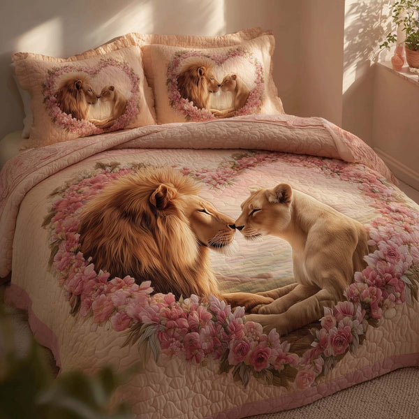 Valentine Couple quilted 3-piece bedding set on a made bed with two matching pillow shams