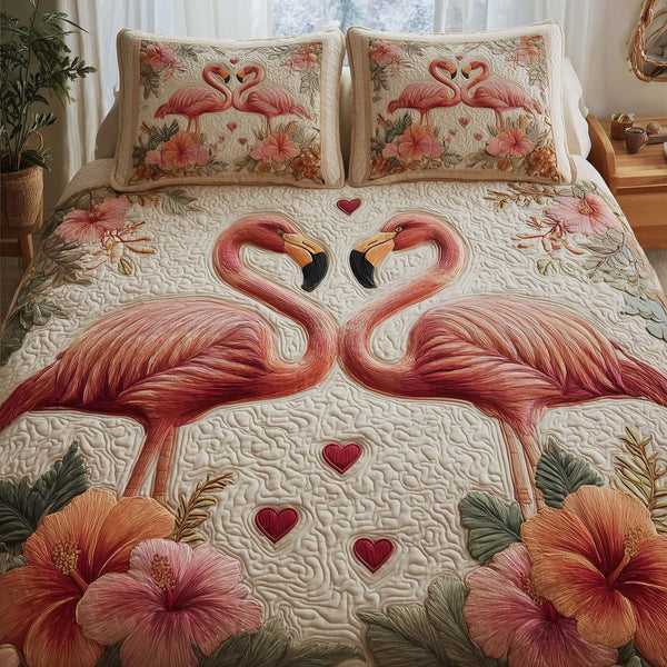 Valentine Couple quilted 3-piece bedding set on a made bed with two matching pillow shams