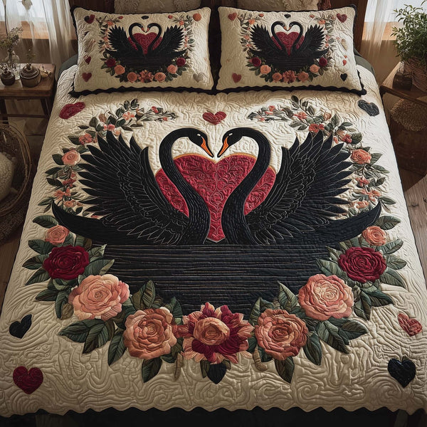Valentine Couple quilted 3-piece bedding set on a made bed with two matching pillow shams