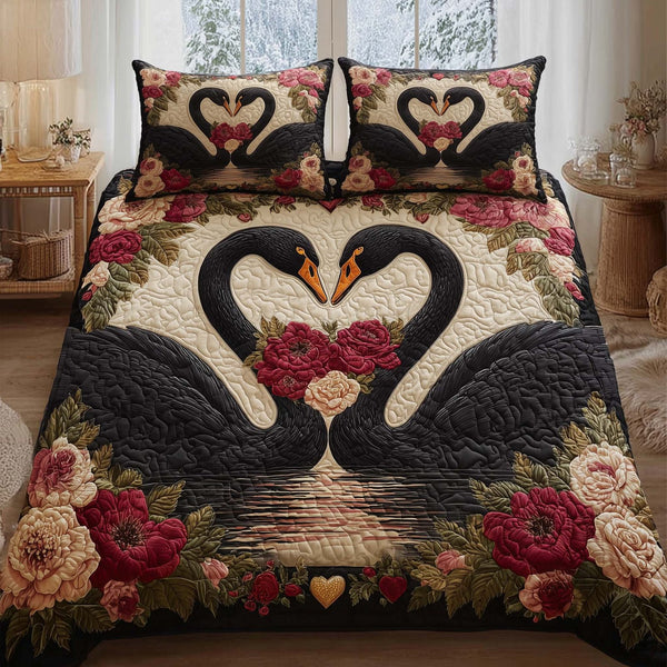 Valentine Couple quilted 3-piece bedding set on a made bed with two matching pillow shams