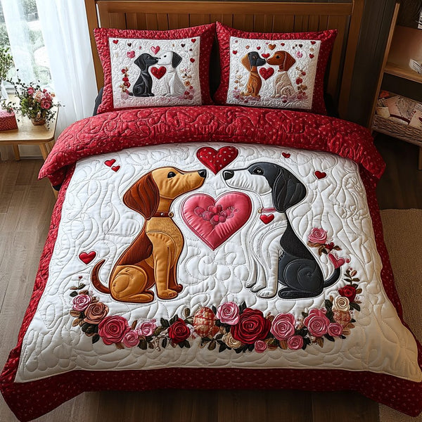 Valentine Dachshund quilted 3-piece bedding set on a made bed with two matching pillow shams