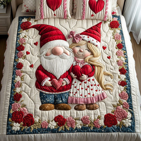 Valentine Little Gnomes quilted 3-piece bedding set on a made bed with two matching pillow shams