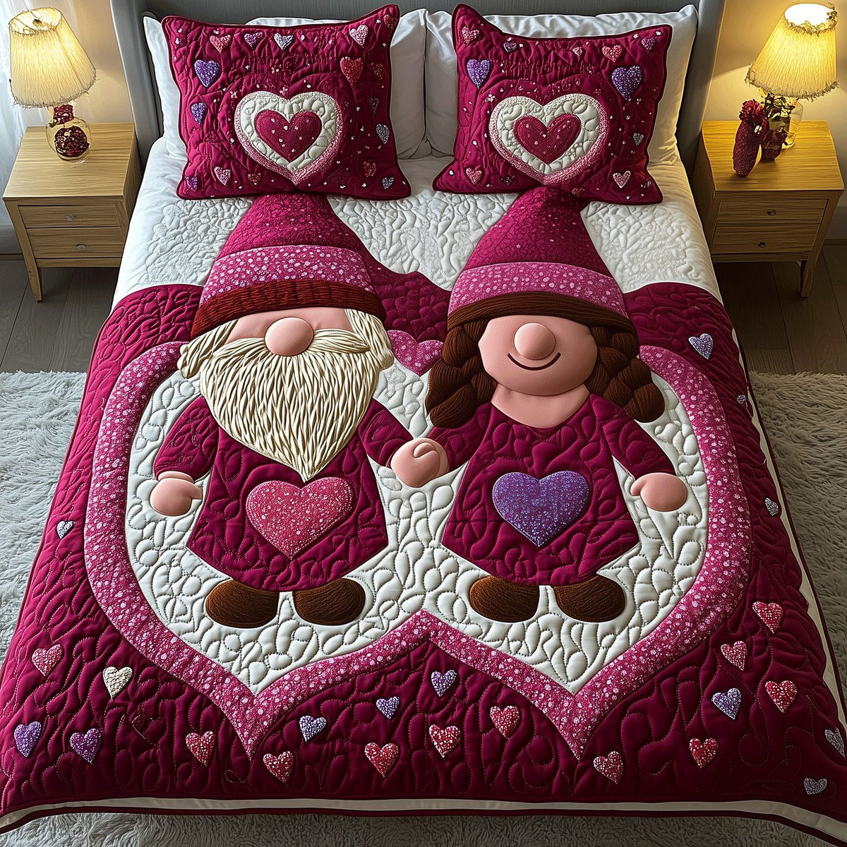 Valentine Nest quilted 3-piece bedding set on a made bed with two matching pillow shams