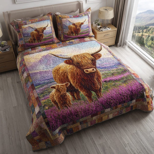 Valley Highland Cow quilted 3-piece bedding set on a made bed with two matching pillow shams