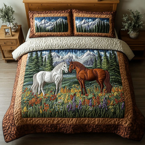 Valley Horse quilted 3-piece bedding set on a made bed in a rustic timber bedroom