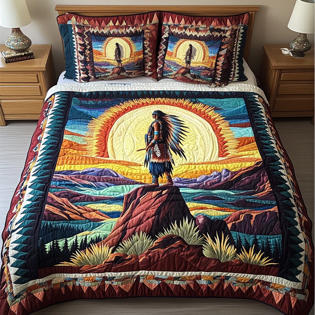 Valley of Dreams quilted 3-piece bedding set on a made bed with two matching pillow shams