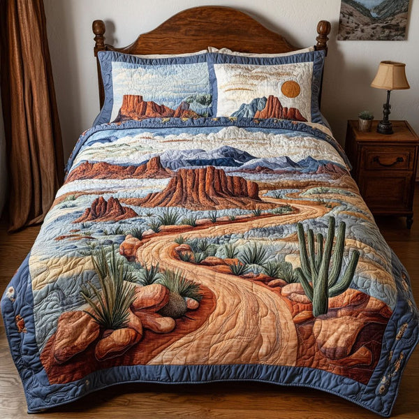 Valley of Fire Escape quilted 3-piece bedding set on a made bed with two matching pillow shams