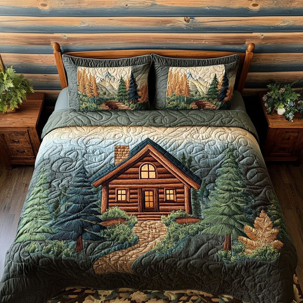 Valley View Lodge quilted 3-piece bedding set on a made bed with two matching pillow shams
