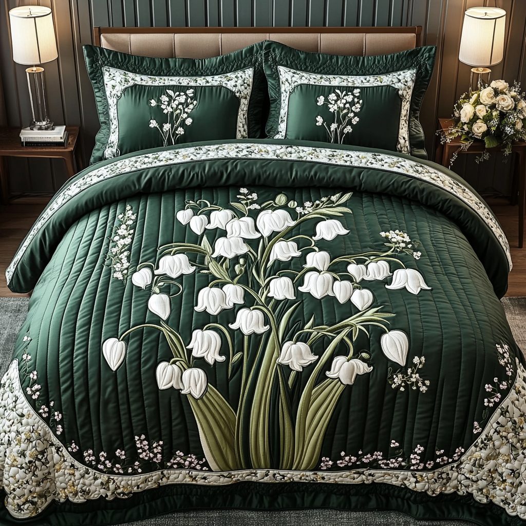 Valley Whisper quilted 3-piece bedding set on a made bed with two matching pillow shams