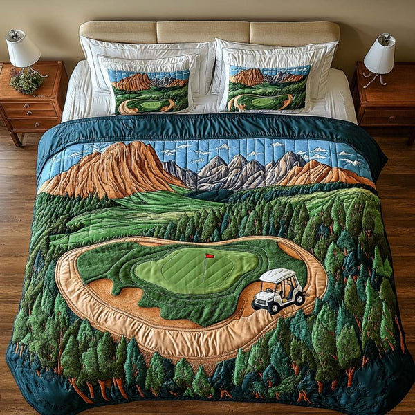 Valley Wind Golf Course quilted 3-piece bedding set on a made bed with two matching pillow shams