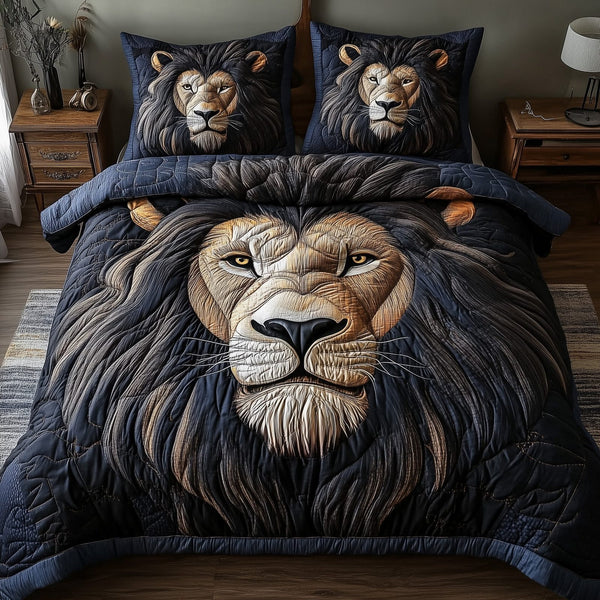 Valor Lion King quilted 3-piece bedding set on a made bed with two matching pillow shams