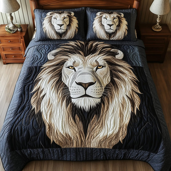 Valor Lion King quilted 3-piece bedding set on a made bed with two matching pillow shams