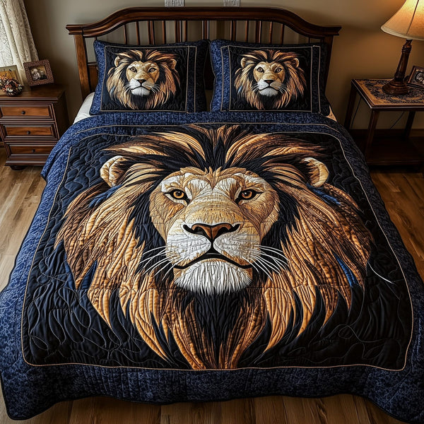 Valor Lion King quilted 3-piece bedding set on a made bed with two matching pillow shams