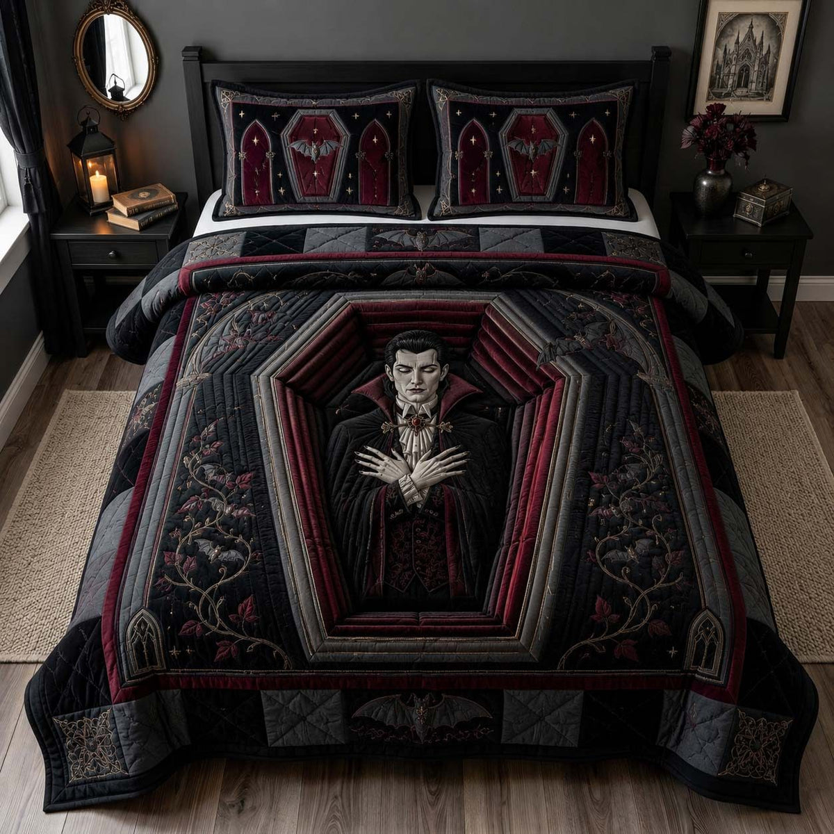 Vampire Coffin Night quilted 3-piece bedding set on a made bed against a dark styled interior