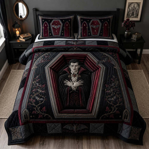 Vampire Coffin Night quilted 3-piece bedding set on a made bed against a dark styled interior