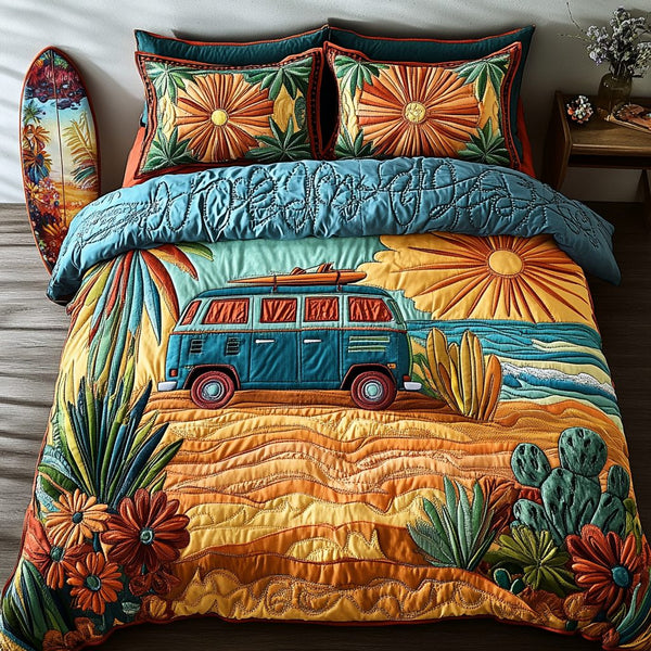 Van Adventure quilted 3-piece bedding set on a made bed in a winter-styled bedroom
