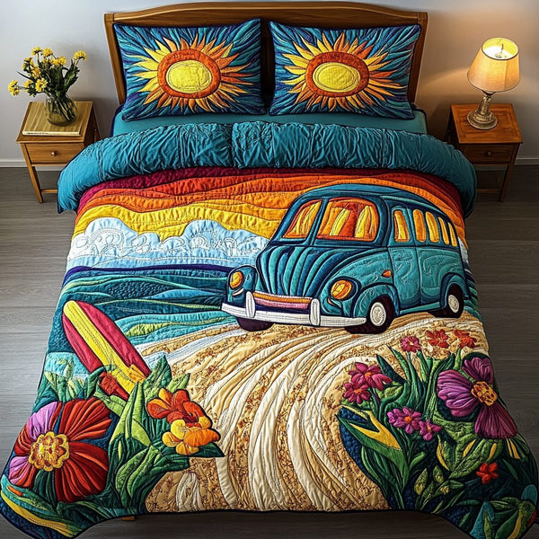 Van Escape quilted 3-piece bedding set on a made bed with two matching pillow shams