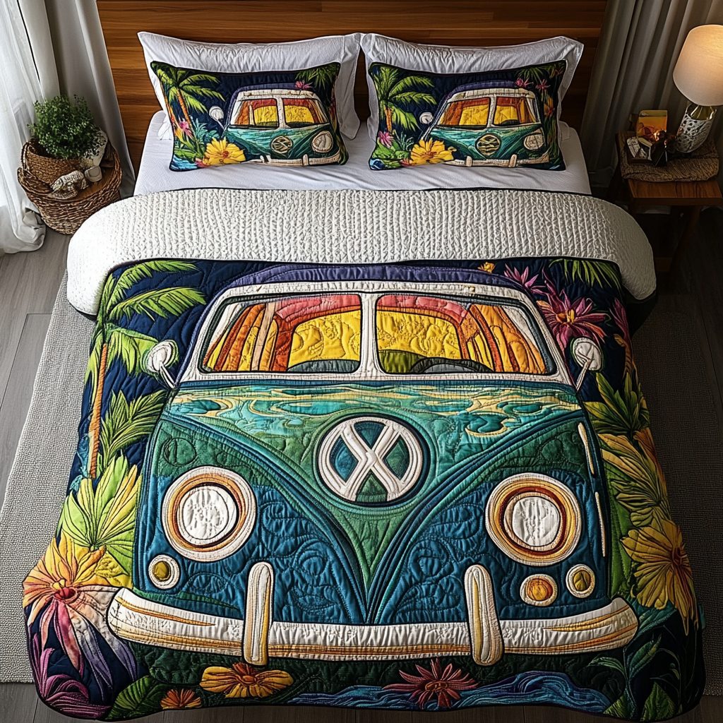 Van Escape quilted 3-piece bedding set on a made bed with two matching pillow shams