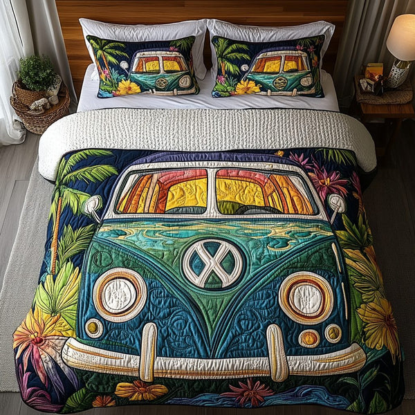 Van Escape quilted 3-piece bedding set on a made bed with two matching pillow shams