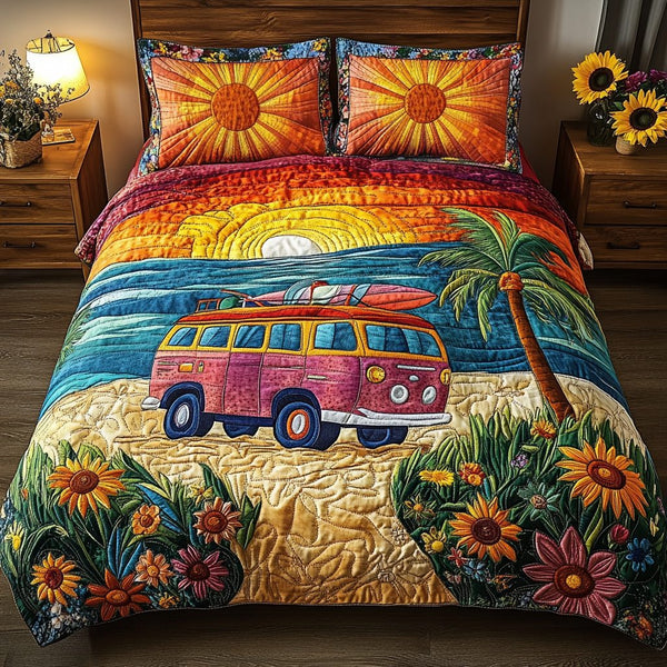 Van Escape quilted 3-piece bedding set on a made bed with two matching pillow shams