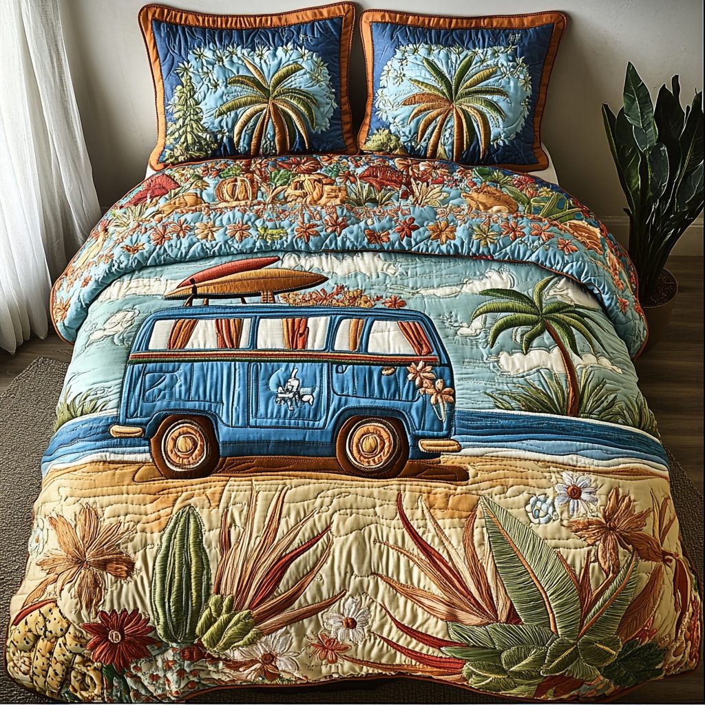 Van Explore quilted 3-piece bedding set on a made bed with two matching pillow shams