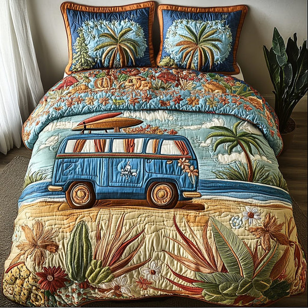 Van Explore quilted 3-piece bedding set on a made bed with two matching pillow shams