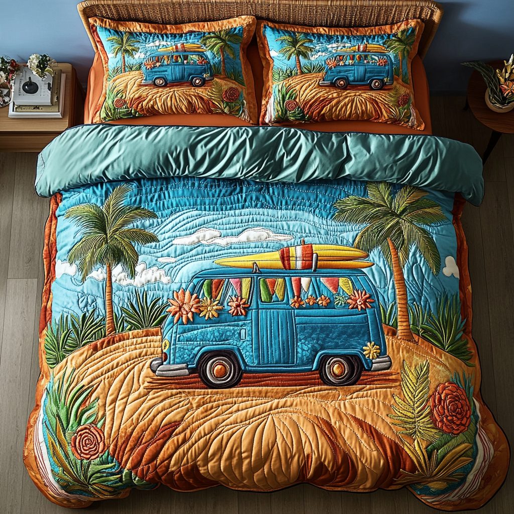 Van Journey quilted 3-piece bedding set on a made bed with two matching pillow shams