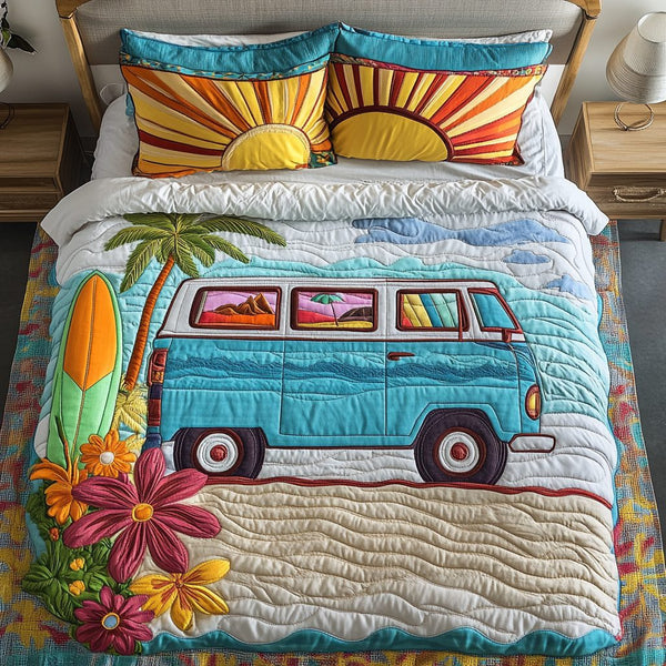 Van Ride quilted 3-piece bedding set on a made bed with two matching pillow shams