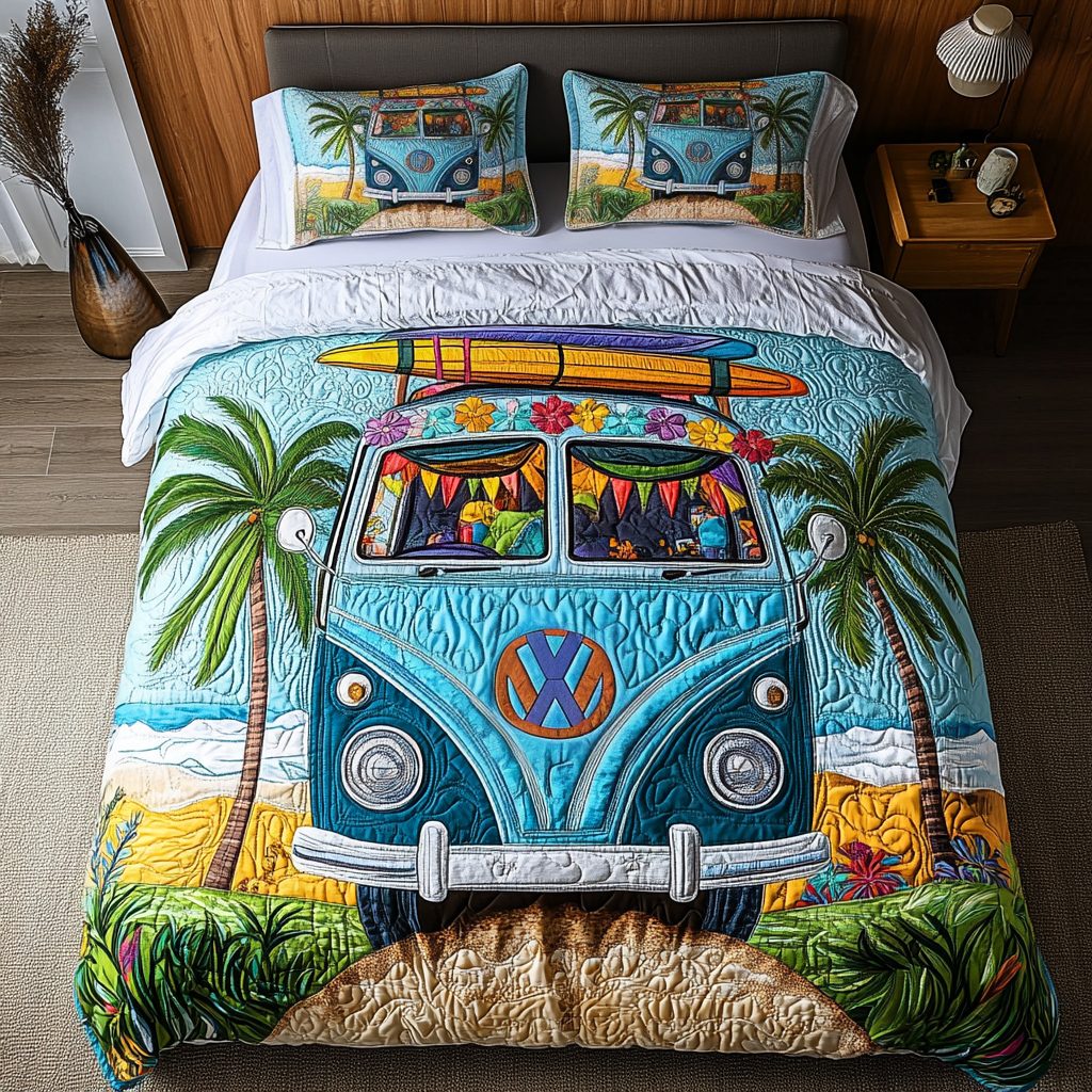 Van Roadtrip quilted 3-piece bedding set on a made bed with two matching pillow shams