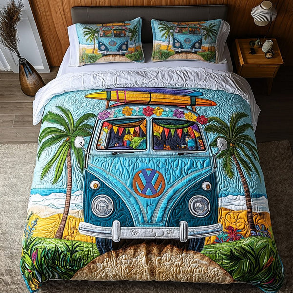 Van Roadtrip quilted 3-piece bedding set on a made bed with two matching pillow shams