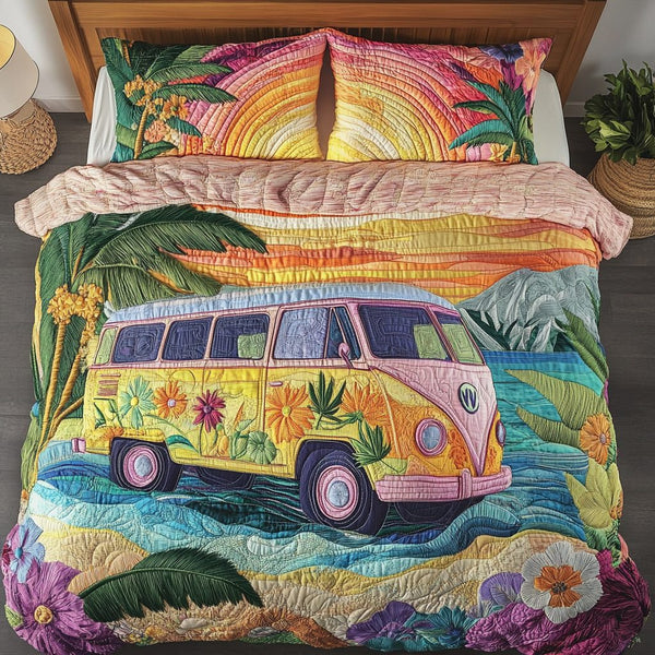 Van Travel quilted 3-piece bedding set on a made bed with two matching pillow shams