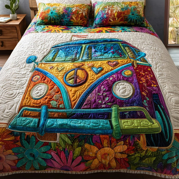 Van Vibes quilted 3-piece bedding set on a made bed with two matching pillow shams