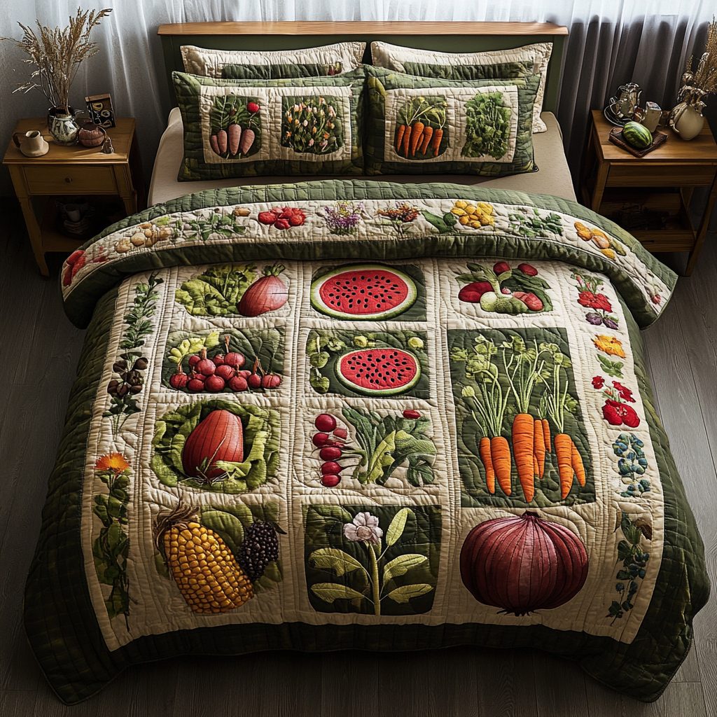 Veggie Patch quilted 3-piece bedding set on a made bed with two matching pillow shams