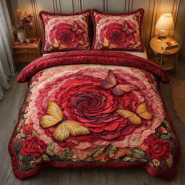 Velvet Bloom quilted 3-piece bedding set on a made bed with two matching pillow shams