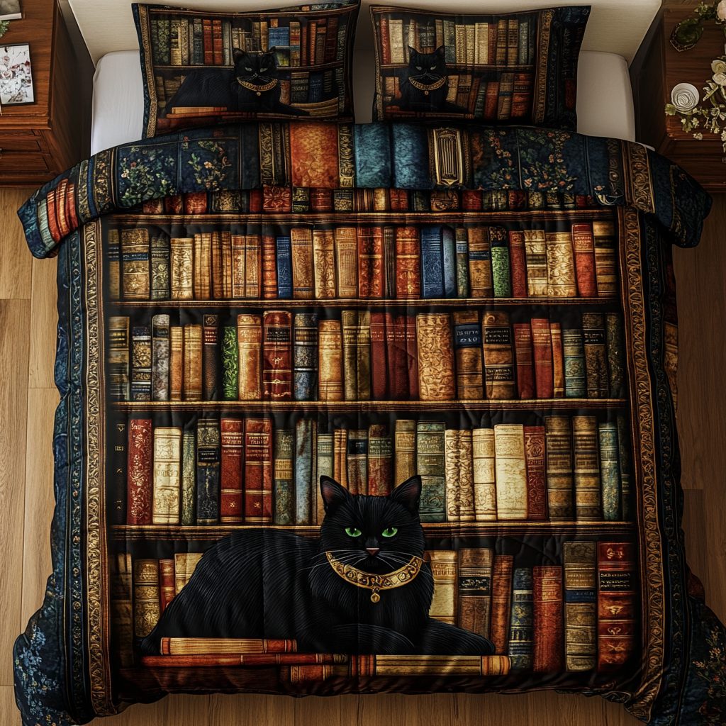Velvet Books quilted 3-piece bedding set on a made bed with two matching pillow shams