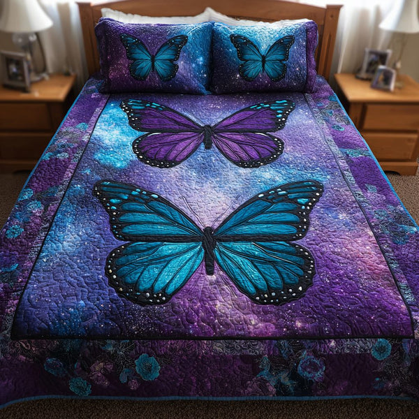Velvet Butterfly quilted 3-piece bedding set on a made bed with two matching pillow shams