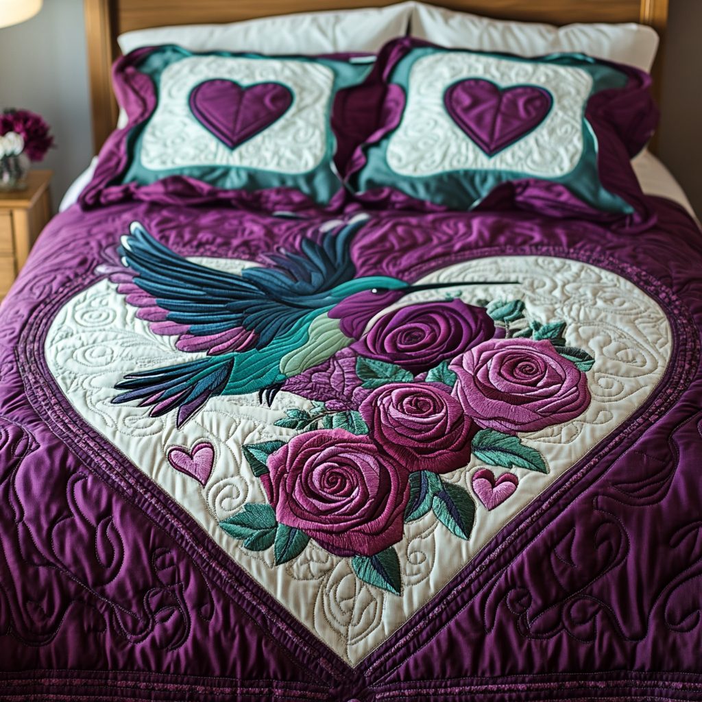 Velvet Flight quilted 3-piece bedding set on a made bed with two matching pillow shams