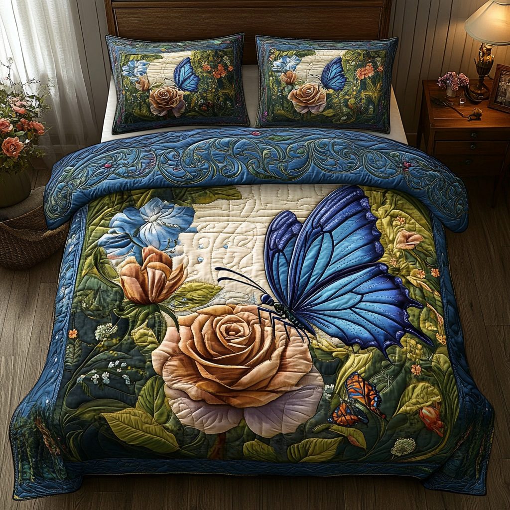 Velvet Flutter quilted 3-piece bedding set on a made bed with two matching pillow shams