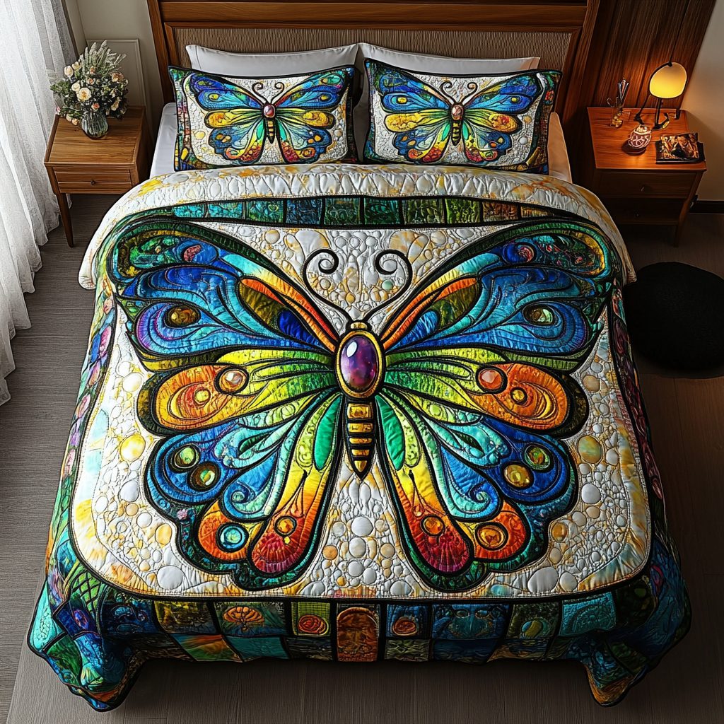 Velvet Flutter quilted 3-piece bedding set on a made bed with two matching pillow shams