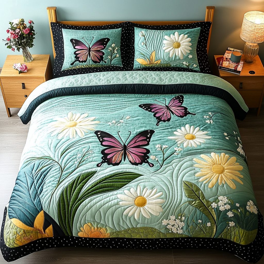 Velvet Flutter quilted 3-piece bedding set on a made bed with two matching pillow shams