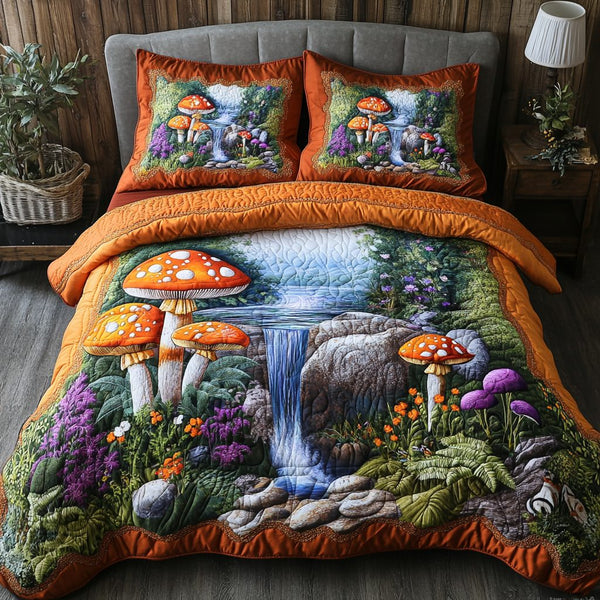 Velvet Fungi quilted 3-piece bedding set on a made bed with two matching pillow shams