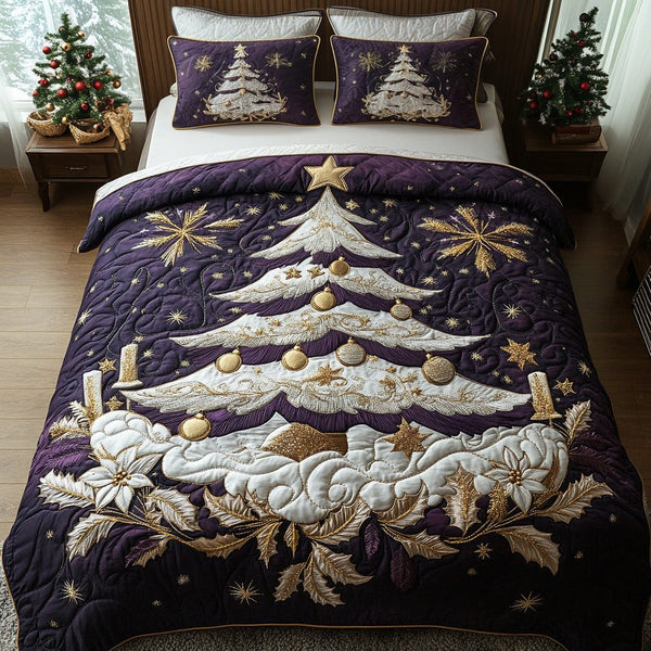 Velvet Holiday quilted 3-piece bedding set on a made bed in a winter-styled bedroom