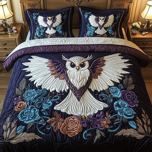 Velvet Hoot quilted 3-piece bedding set on a made bed with two matching pillow shams
