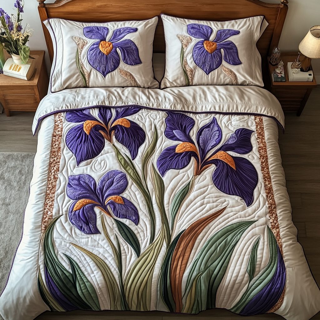 Velvet Iris quilted 3-piece bedding set on a made bed with two matching pillow shams