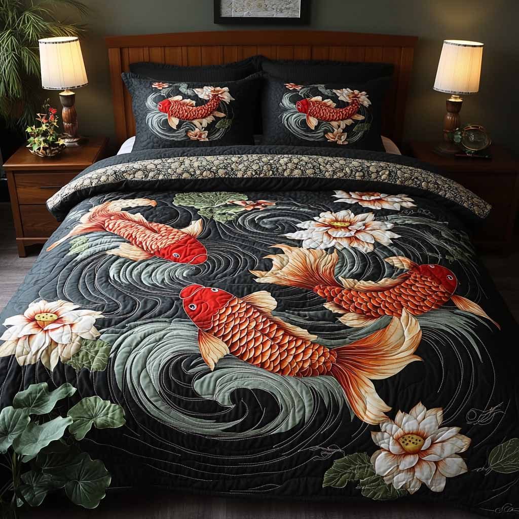 Velvet Koi quilted 3-piece bedding set on a made bed with two matching pillow shams