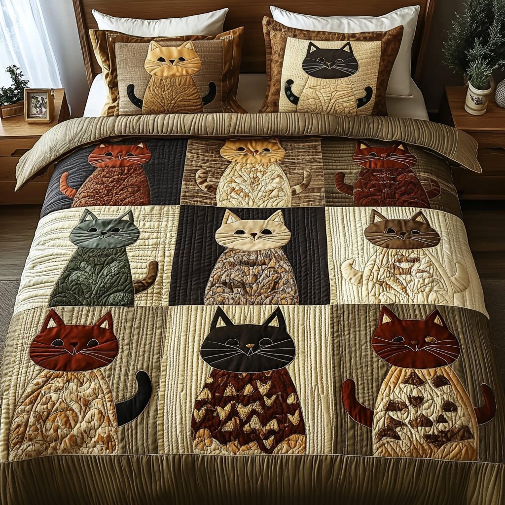 Velvet Paws quilted 3-piece bedding set on a made bed with two matching pillow shams