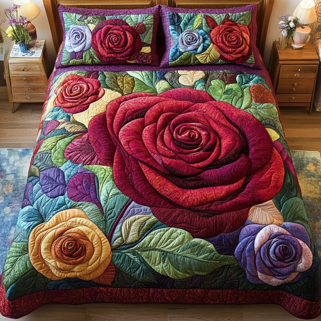 Velvet Rose quilted 3-piece bedding set on a made bed with two matching pillow shams