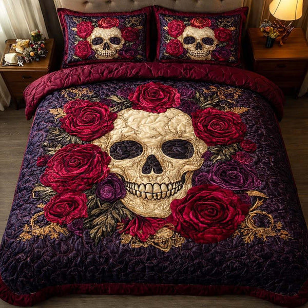 Velvet Skull quilted 3-piece bedding set on a made bed against a dark styled interior