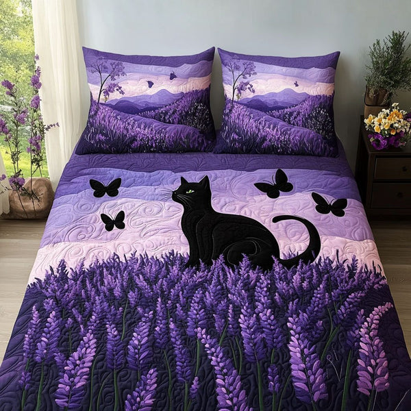 Velvet Whiskers quilted 3-piece bedding set on a made bed with two matching pillow shams