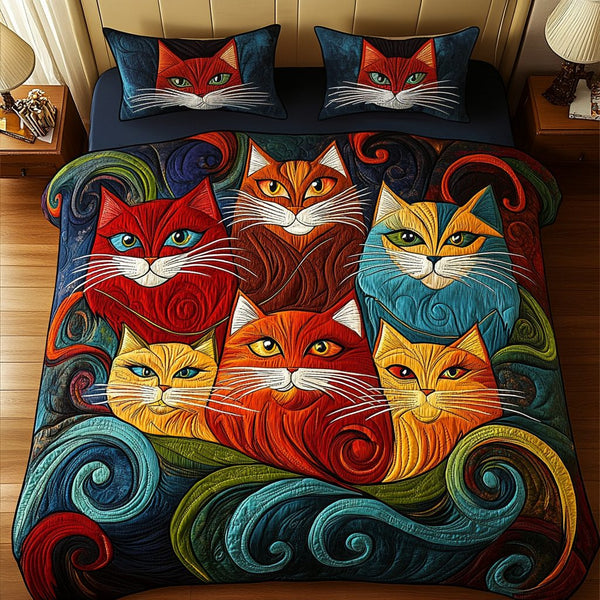 Velvet Whiskers quilted 3-piece bedding set on a made bed with two matching pillow shams